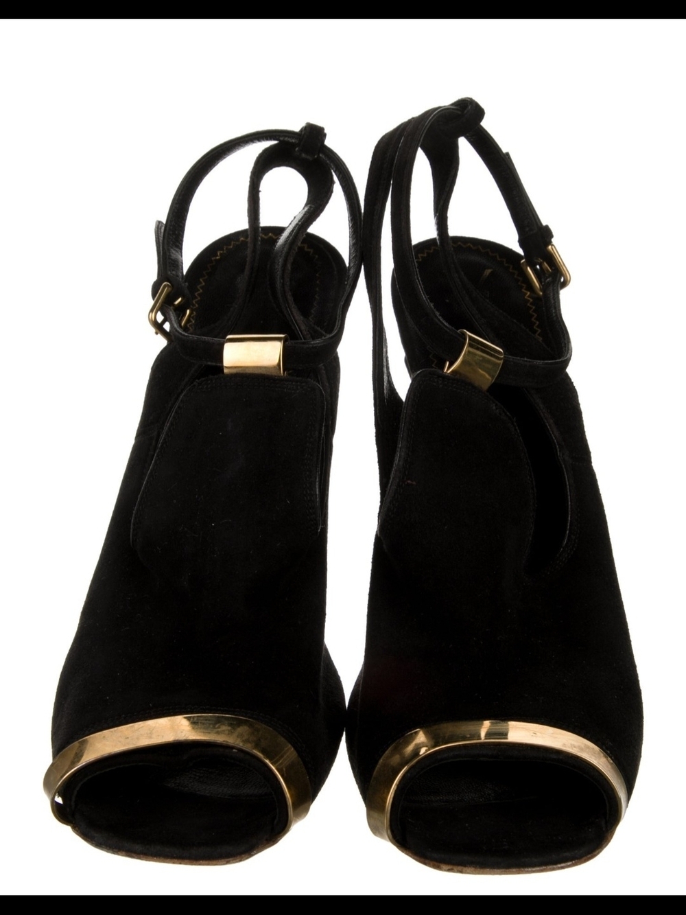 YSL Black Suede Peep-Toe Heels with Gold Trim